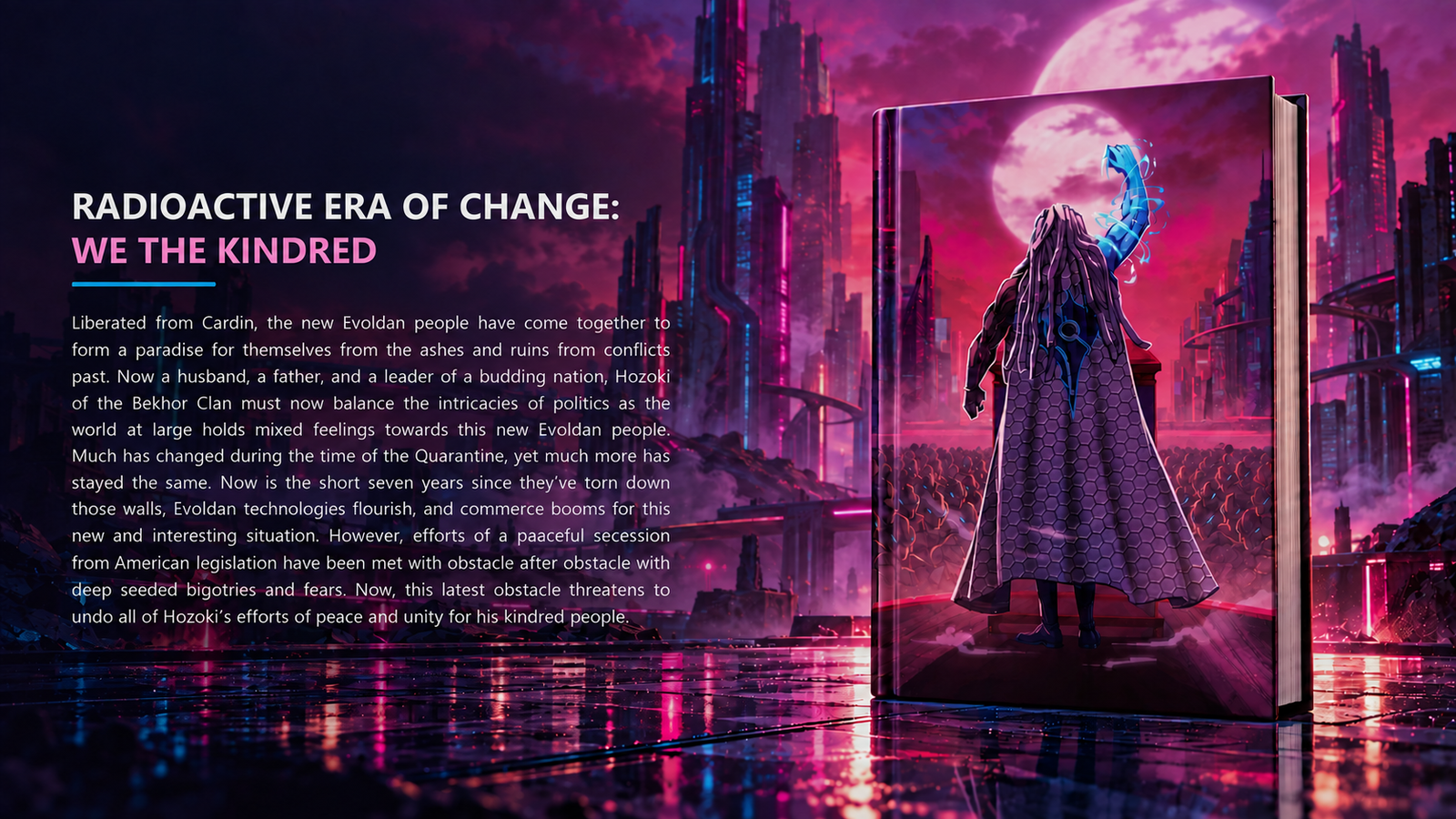 We the Kindred book cover and synopsis against a vivid magenta futuristic city.